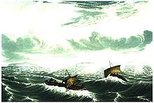 Members of the Coppermine expedition caught by a storm in Coronation Gulf, August 1821 Franklin's canoes in gale.jpg