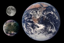 Montage photo : à gauche, la (petite) lune et Ganymède, à droite, la terre, (hémisphère sud)