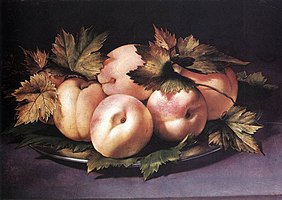 Giovanni Ambrogio Figino. Metal Plate with Peaches and Vine Leaves. 1591-4. Priv. coll.