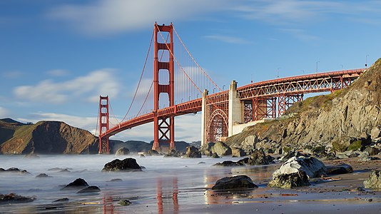 Golden Gate Bridge as seen from Marshall’s Beach, Presidio of San Francisco, in March 2018