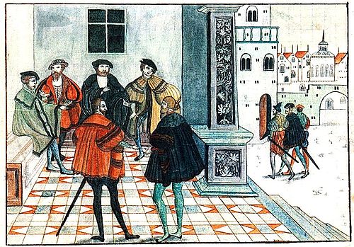 First Treaty of Brömsebro: Christian III's meeting with Gustav I of Sweden in Brömsebro, 1541 (watercolor reproduction of a lost painting made during the Swedish King's reign)