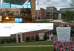 Clockwise from top left: a mural inside the HCPL dedicated to Haltom City, the state-of-the-art City Library exterior, the Haltom High School