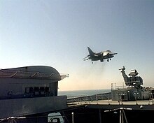 A Harrier GR7 taking off from the aircraft carrier HMS Illustrious in the Persian Gulf, 1998 Harrier GR7 taking off HMS Illustrious (R06) 1998.JPEG