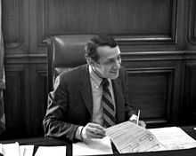 Harvey Milk was one of the earliest known LGBT activists in California and the United States, and the first LGBT elected official in the state. Harvey Milk at Moscone desk cropped 300.jpg