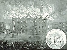 The school building in Peel Street on fire, 1890 High School of Montreal, fire on November 28, 1890.jpeg