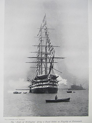 HMS Duke of Wellington firing a gun salute in Portsmouth Harbour during her time as flagship there. Hmsdukeofwellingtonsalute.jpg