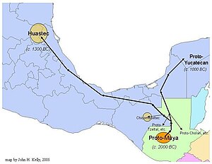 Fig. 1. Approximate routes and dates of the proto-Huastec and other Maya-speaking groups