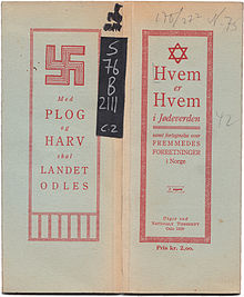 Who's Who in the Jewish World, an attache to an antisemitic periodical listing Jews and presumed Jews in Norway. First edition printed in 1925. Hvem er Hvem i Jodeverden, 3. udgave.jpg