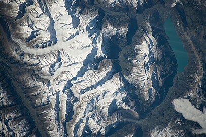 Aletsch glacier and North wall of mountain Eiger from above, a looong shadow (middle of photo)