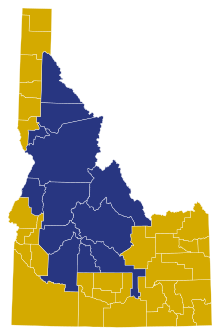 Republican primary results by county.
Donald Trump
Ted Cruz Idaho Republican Presidential Primary Election Results by County, 2016.svg