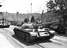 Israeli Tiran-4Sh tank, which was an upgraded T-54A up-gunned with a 105 mm M68 main gun. Israeli Tiran-4 Tank (Captured Soviet T-54) During 25th Independence Day Celebration, 1973.jpg