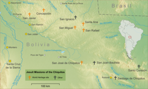 Topographic map showing major towns and villages in the Chiquitania and the Jesuit missions. The Jesuit missions are in the highlands north-east of Santa Cruz de la Sierra, in eastern Bolivia, close to the Brazil border.