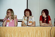 Jo Duffy, Lee Marrs and Catherine Yronwode on the Women In Comics panel at the 1982 San Diego Comic Con Jo Duffy, Lee Marrs, Cat Yronwode.jpg