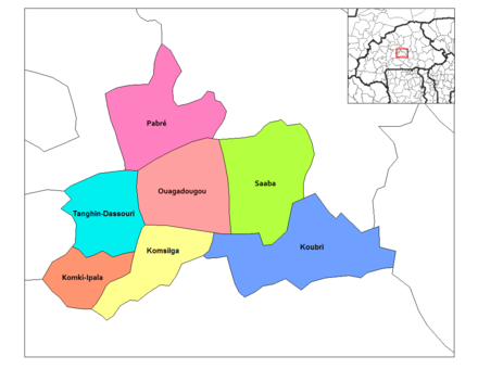 Location of the 7 departments (or communes) in Kadiogo Province.