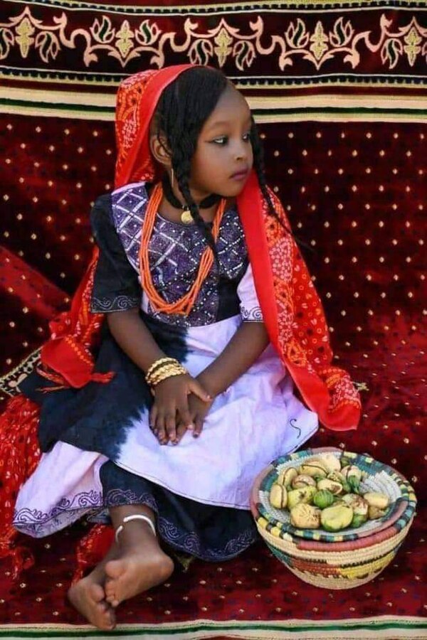 Kanuri girl sitting behind a decorated wall