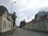 A street in Finland's smallest town Kaskinen with typical Jugendstil buildings in the foreground