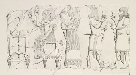 Bas-relief du palais de Khorsabad représentant un banquet à la cour. Copie par Eugène Flandin.