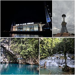 Kiri atas ke kanan: Masjid Al Alam, Tugu eks-MTQ, Danau Biru, Air Terjun Moramo