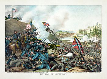The Battle of Franklin was a Union victory that exacted a high toll in Confederate lives. Kurz and Allison - Battle of Franklin, November 30, 1864.jpg