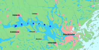 Carte du lac Mälar, avec l'agglomération de Stockholm à droite.