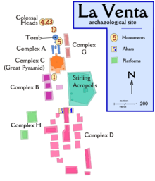 Archaeological site plan for La Venta. Notice how the site is aligned slightly west - 8deg west - of north. Several Mesoamerican sites have this alignment, including San Jose Mogote. La Venta site plan.png