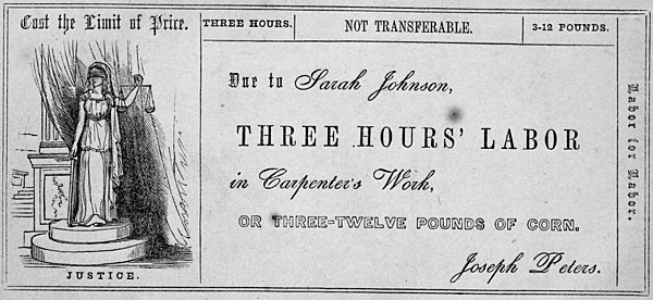 A 19th-century example of barter: A sample labor for labor note for the Cincinnati Time Store. Scanned from Equitable Commerce by Josiah Warren (1846)