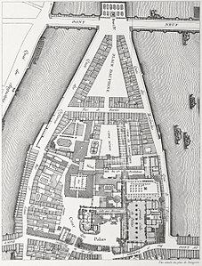 19th-century reconstructed plan of the area in 1754, engraving by Theodor Josef Hubert Hoffbauer