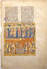 Leaf from a Beatus Manuscript: Seven Angels Hold the Cups of the Seven Last Plagues; The Hymn of the Lamb
