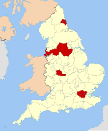 English metropolitan county councils abolished by the Local Government Act 1985 Local Government Act 1985 English metropolitan counties abolished.svg