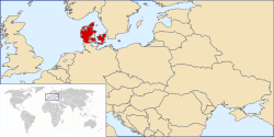 Lokasi  Denmark  (dark green) – di Eropah  (light green & dark grey) – di kesatuan Eropah  (light green)  –  [Petunjuk]