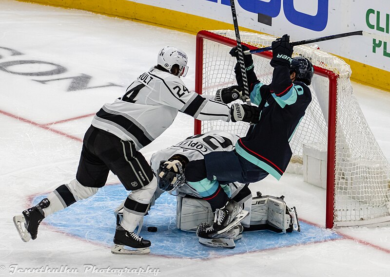 File:Los Angeles Kings at Seattle Kraken - April 1, 2023 - Matty Beniers, Pheonix Copley and Phillip Danault (52788694186).jpg