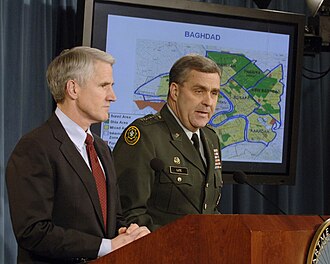 Lt. Gen. Lute and Deputy Assistant Secretary of Defense for Middle East Mark Kimmitt conduct a press briefing,February 9,2007. Lute and Kimmitt conduct war briefing,Feb 9,2007.jpg