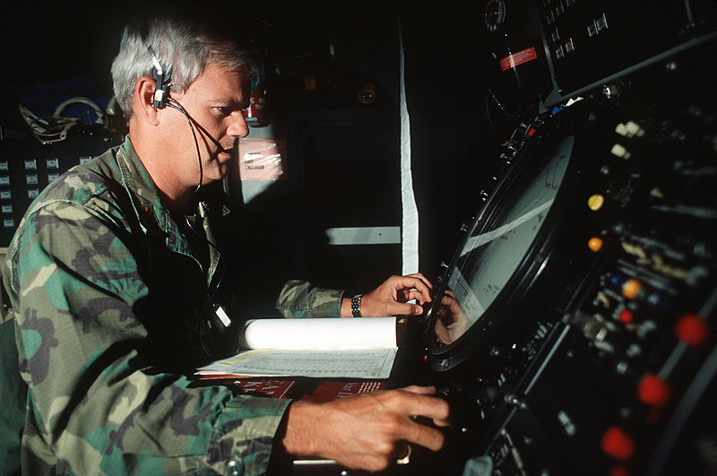 File:Maj. John Patrick of the 129th Tactical Control Squadron, Georgia Air National Guard, monitors a radar screen in a TPS-43 shelter during the NATO Exercise Tactical Fighter Weaponry '89 DF-ST-90-10865.jpg