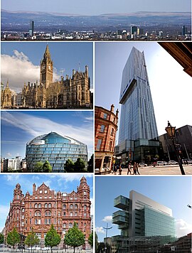 順時針從上：曼彻斯特天际线远景， 比瑟姆塔，曼徹斯特民事司法中心（英语：Manchester Civil Justice Centre），米德兰酒店，一天使廣場（英语：One Angel Square）, 曼徹斯特市政廳