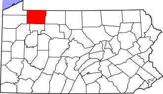 Location of Warren County in Pennsylvania Map of Pennsylvania highlighting Warren County.svg
