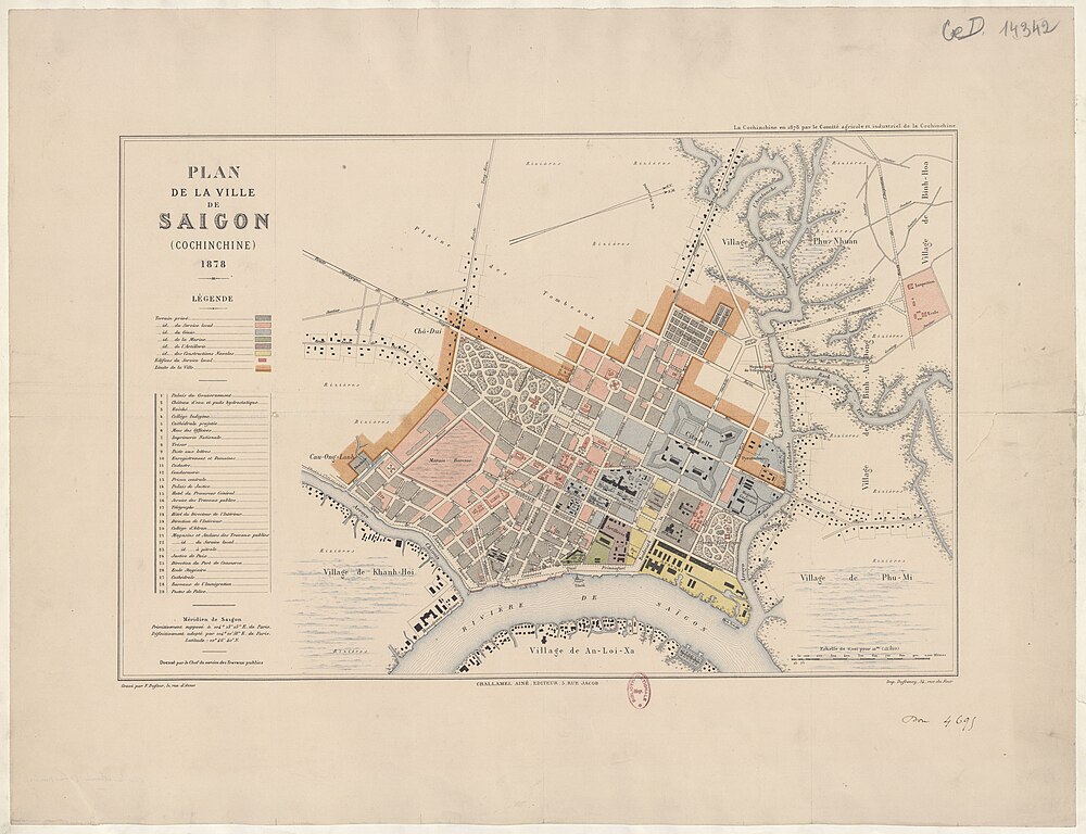 Địa danh Cầu Ông Lãnh cùng với lò mổ và con rạch trên bản đồ Sài Gòn năm 1878