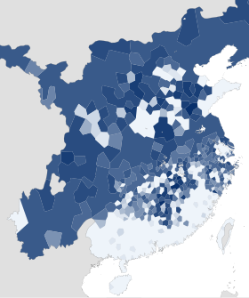 Map of the extent of the palatal merger in the core Chinese-speaking area Map of the degree of palatalization in Chinese dialects.svg