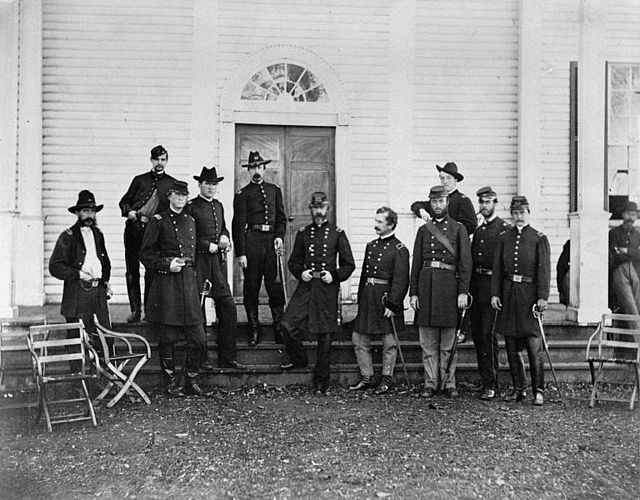 Generals Andrew A. Humphreys, George G. Meade and staff in Culpeper, Virginia, outside Meade's headquarters, 1863