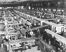 Mechanized P-38 assembly lines in Burbank, California: Planes start at the back of the building on the far right (without wings, so that section of the line is narrower). When they reach the end of that line, they shift to the center line, gain wings, and move backward down this line. Upon reaching the end, they are then shifted to the line at the left, and progress forward to the end of the line.[38]
