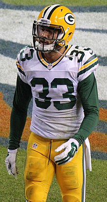 Hyde with the Green Bay Packers in 2015 Micah Hyde (American football).JPG