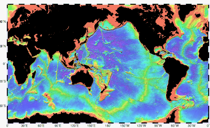 Bathymetry of the ocean floor showing the continental shelves (red) and the mid-ocean ridges (yellow-green)