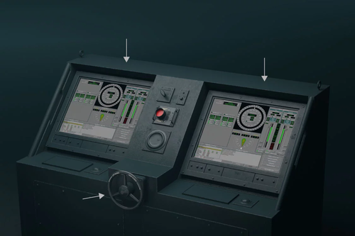 Modern Helm and Lee Helm with touchscreens and steering wheel used in the US Navy's Integrated Bridge and Navigation System (IBNS). Modern Helm and Lee Helm with touchscreens and steering wheel used in the US Navy's Integrated Bridge and Navigation System (IBNS).png