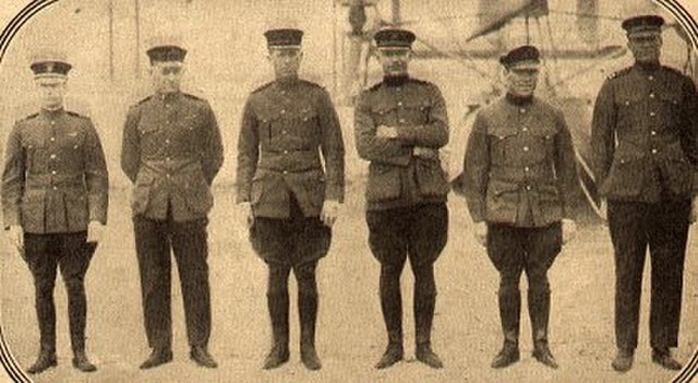 The crew of the NC-4, posing before Howard was replaced. Left to right: Read, Stone, Hinton, Rodd, Howard, Breese.