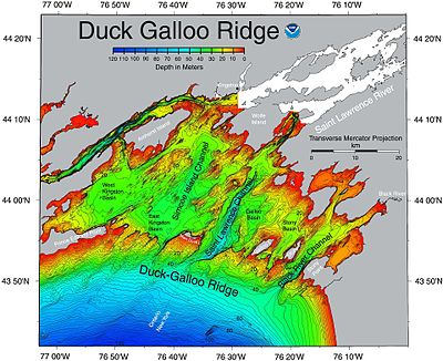 The Duck Galloo Ridge demarcates a portion of Lake Ontario that is much less deep than most of the rest of the lake. NOAA map of Duck Galloo Ridge.jpg