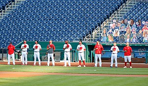 Washington Nationals players during the playing of the U.S. national anthem in a spectatorless Nationals Park Nationals players during the National Anthem.jpg