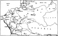 Centres of the Widespread Disaffection in GermanyThe cities of Germany, marked by black oblongs, are those in which the revolutionary movement has obtained partial or complete control. In addition to those thus designated, Chemnitz, Cassel, Aix-la-Chapelle, Nuremberg, Munster, Düsseldorf, Karlsruhe, and Mannheim have gone over to the Reds, according to advices received after the preparation of the map.Württemberg's King has abdicated, and the King of Saxony is reported to be on the verge of doing so, as well as the King of Bavaria, following the outbreak in Munich last week. The Duke of Brunswick has likewise abdicated, together with his heir.The heavy black line at the left marks the advancing battlefront of the allied armies.The map also shows De Steeg, Holland, the ex-Kaiser's reported destination.At the time of their greatest advance in 1914, the Germans held approximately 12,000 square miles of French territory.Today, so far as may be calculated from the fragmentary data of their rapid retreat, they are in possession of only about 2,400 square miles of French soil.