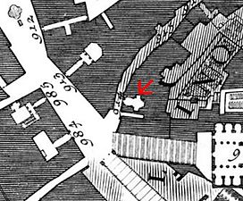 San Biagio e Beata Rita (nummer 914 vid den röda pilen) på Giovanni Battista Nollis Rom-karta från 1748.