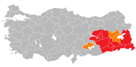 OHAL region--defining areas in Turkey under a state of emergency--in red with neighbouring provinces in orange, 1987-2002 OHAL.png