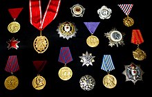 Decorations of the SFRY: Order of Brotherhood and Unity, Order of the People's Hero, Order of Military Merit, Medal of Labor, Medal of Bravery and Memorial Medal of the Partisans of 1941. Odlikovanja SFRJ 1.jpg