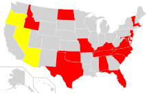 Amerika Birleşik Devletleri'nin Alabama, Florida, Idaho, Kentucky, Maryland, Massachusetts, Missouri, New Jersey, Kuzey Carolina, Kuzey Dakota, Güney Carolina, Tennessee, Teksas ve Vermont ile resmi at ırklarının bulunduğu eyaletleri belirtmek için kırmızıyla işaretlenmiş bir harita veya resmi devlet hayvanı olarak at veya at ırkına sahip olan devletler.  Arizona ve Oregon eyalet atı ırkları önerdiklerini belirtmek için sarı ile işaretlenmiştir.